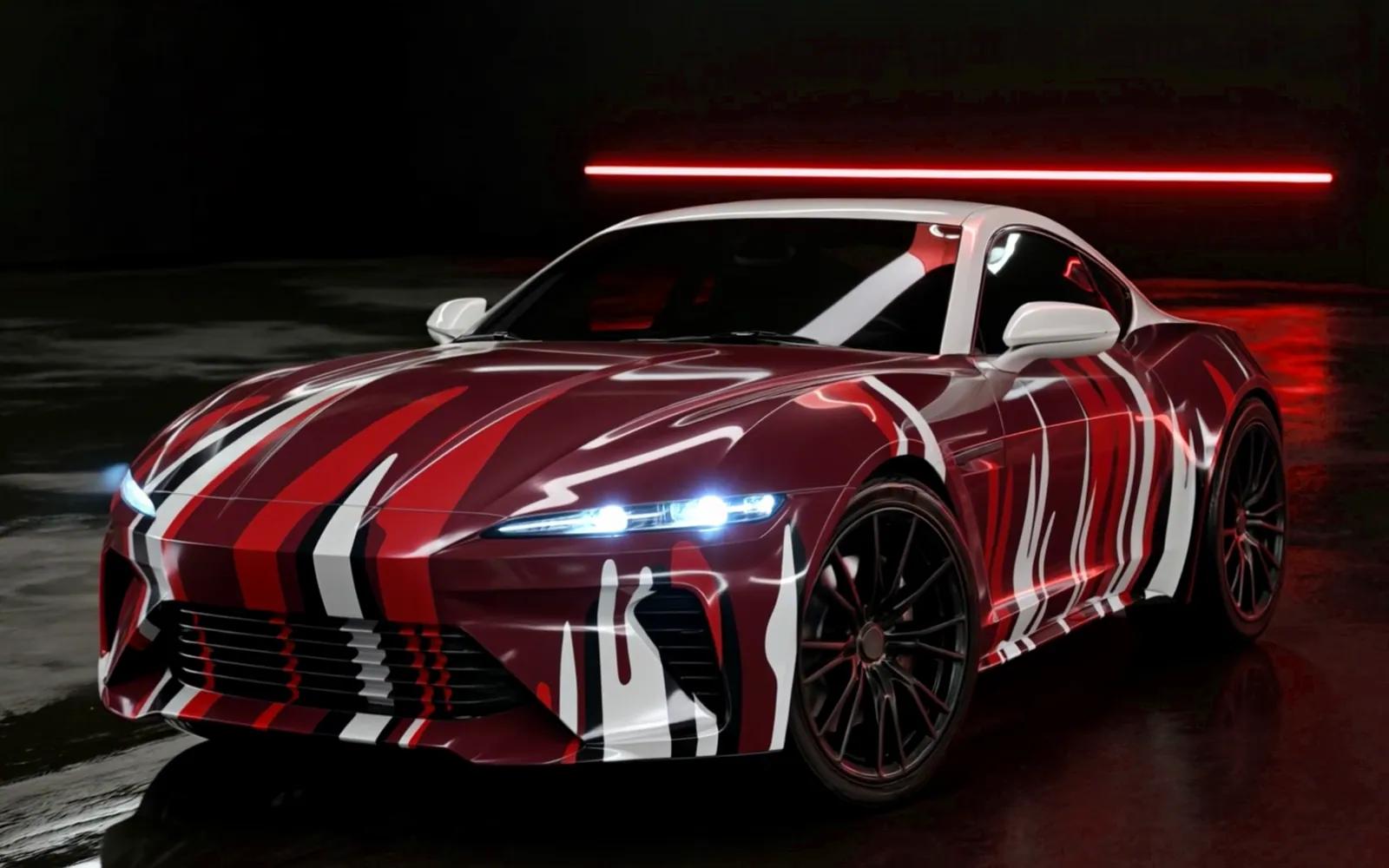 Visualisation: a coupe in a printed red and white camo wrap in the WASTED bay