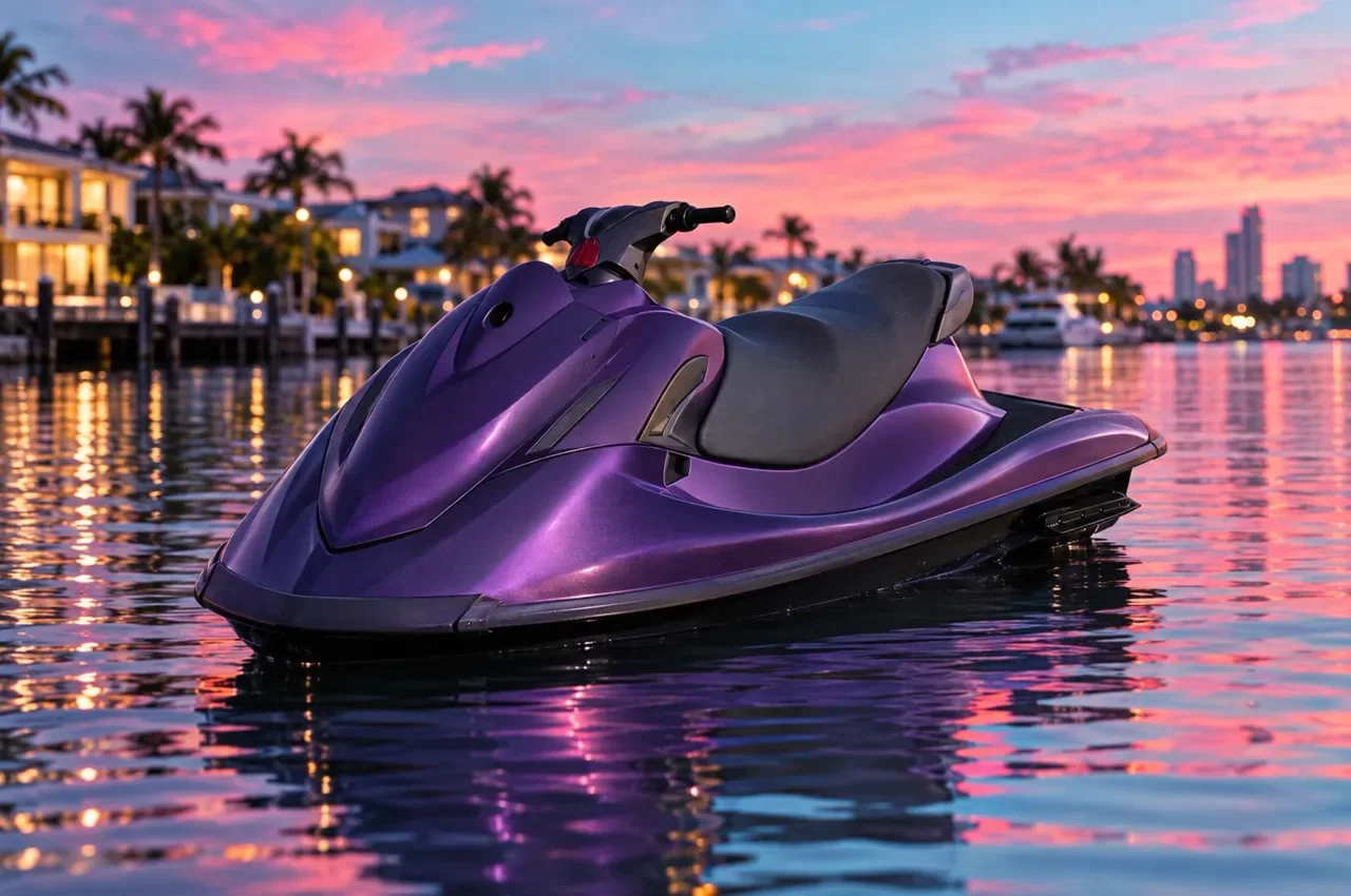Visualisation: a jet ski in purple colour-shift film on still water at dusk