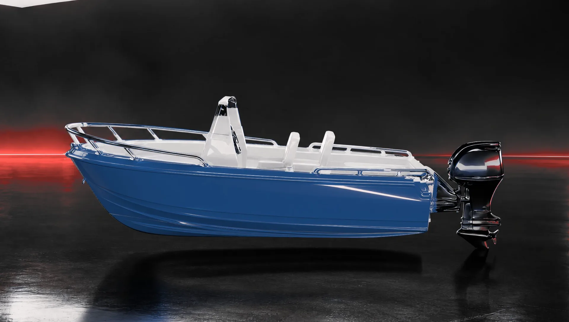 Visualisation: Centre-console boat in gloss blue film in the bay