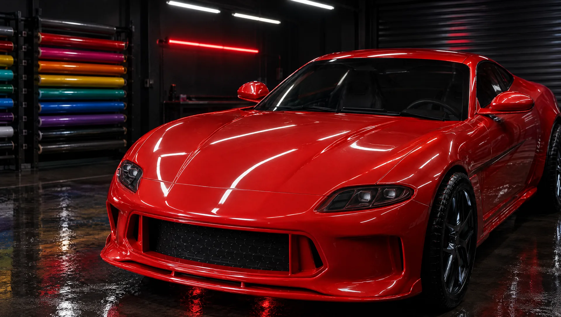 Visualisation: Close view of a red coupe's bonnet and headlights
