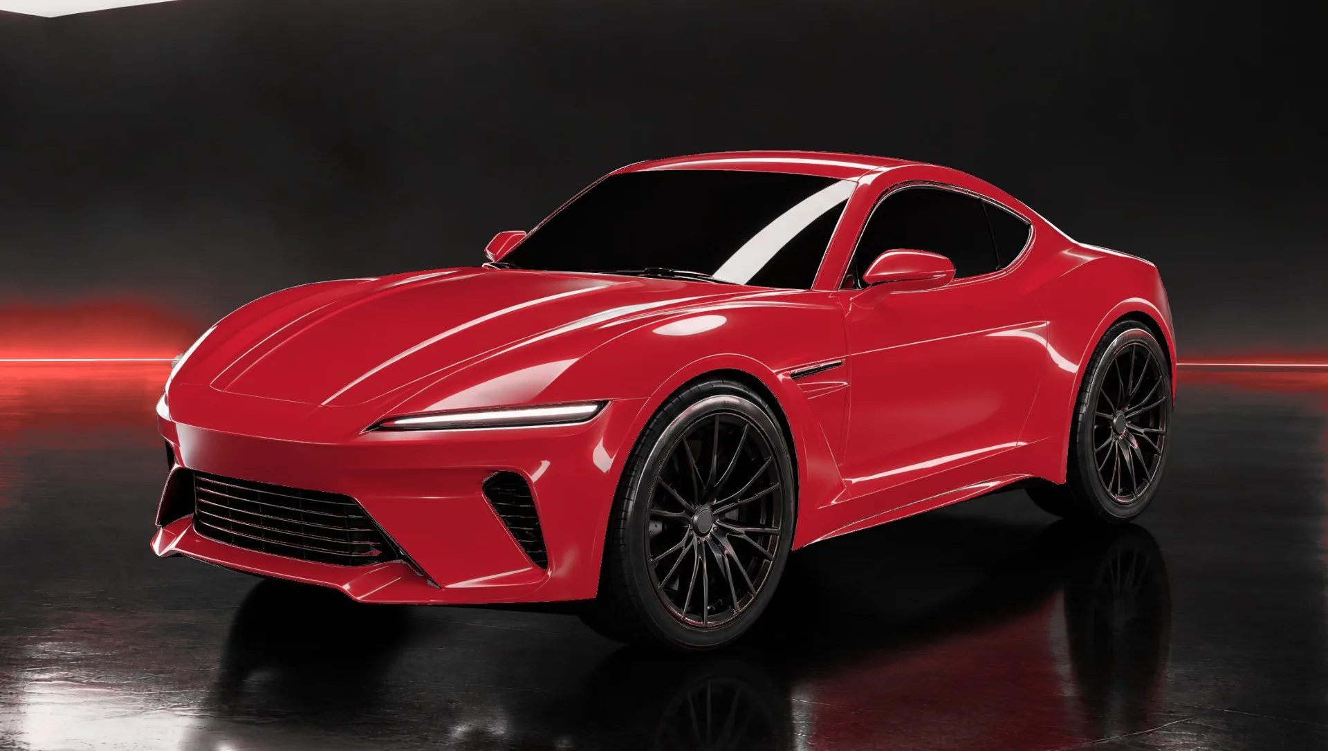 Visualisation: Coupe in gloss red film on a wet bay floor under LED tubes