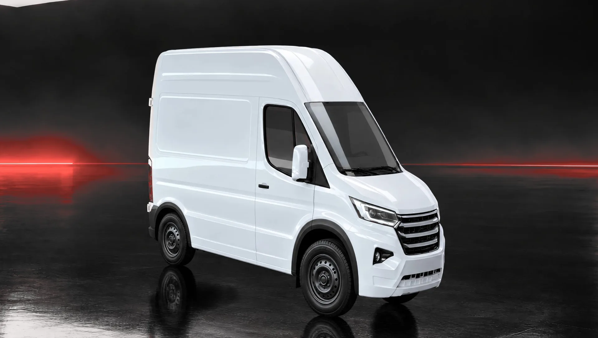 Visualisation: a white van in our studio bay, ready for a livery
